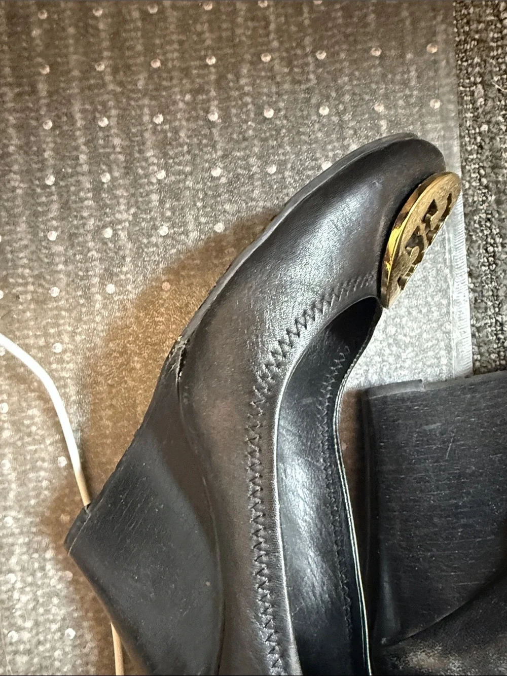 Tory Burch Black Leather Wedges with Gold Logo Medallion